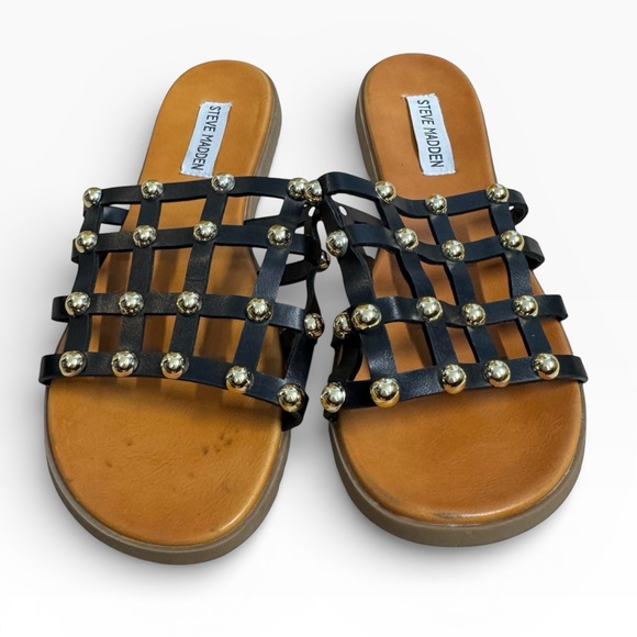 Steve Madden Skyler Black Studded Cage Slide Sandals Size 9 Gold Studs - Picture 2 of 9